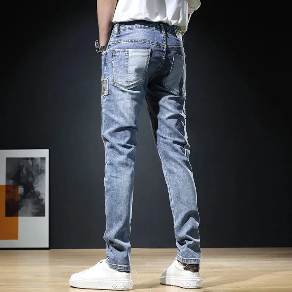 VDMO Men's Frayed Slim Straight Patchwork Jeans