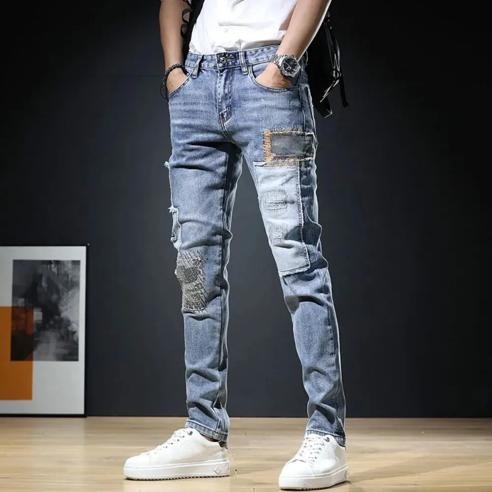 VDMO Men's Frayed Slim Straight Patchwork Jeans