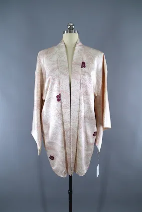 Vintage 1960s Silk Haori Kimono Jacket Cardigan / Ivory Purple Floral Shibori