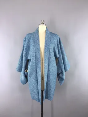 Vintage 1960s Silk Kimono Jacket Haori Cardigan Blue & White Shibori