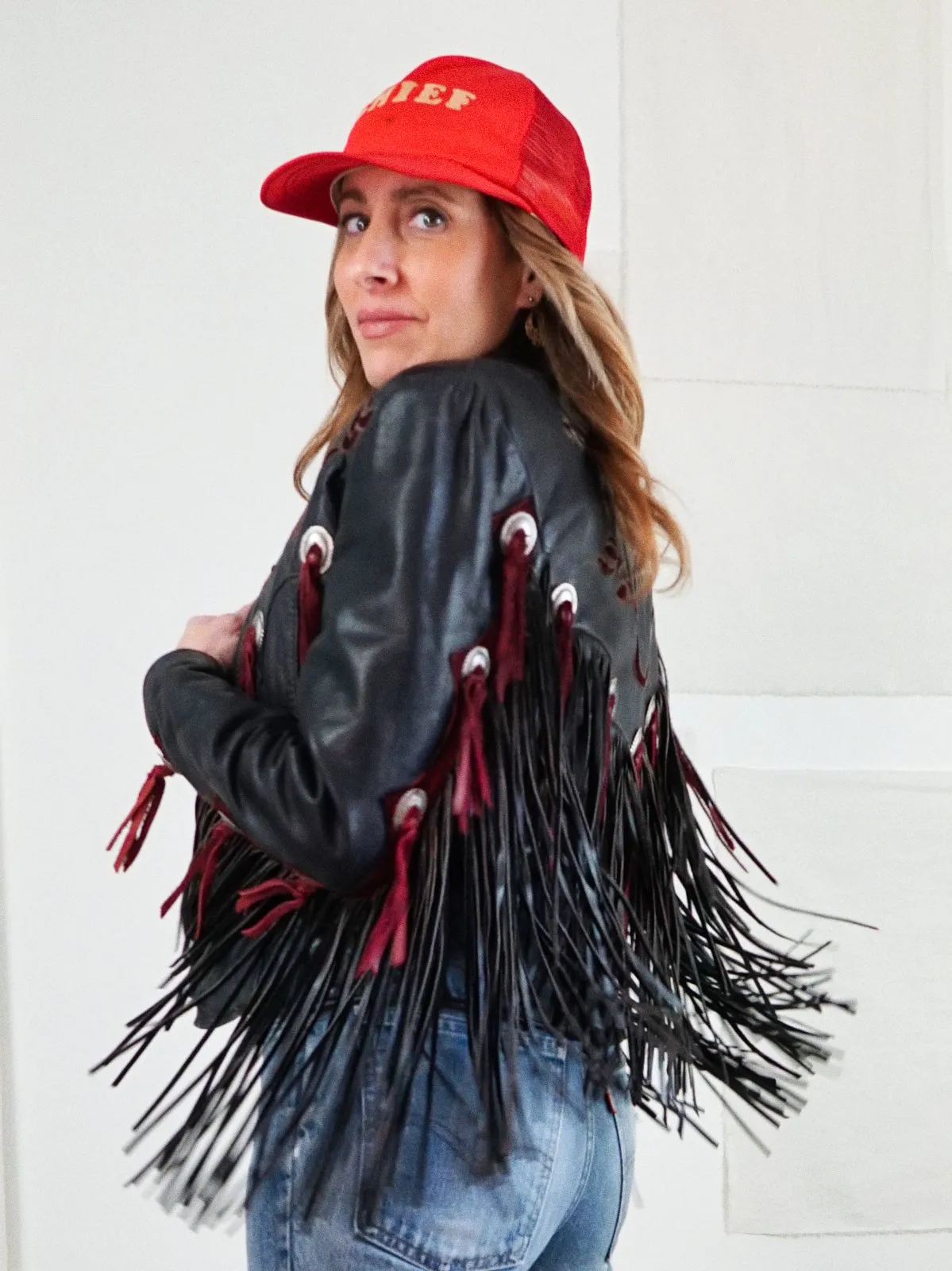 Vintage Black Leather Fringe Rose Jacket