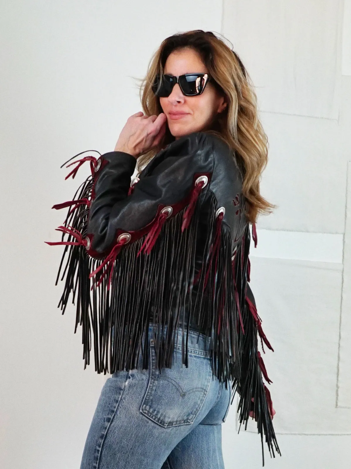 Vintage Black Leather Fringe Rose Jacket