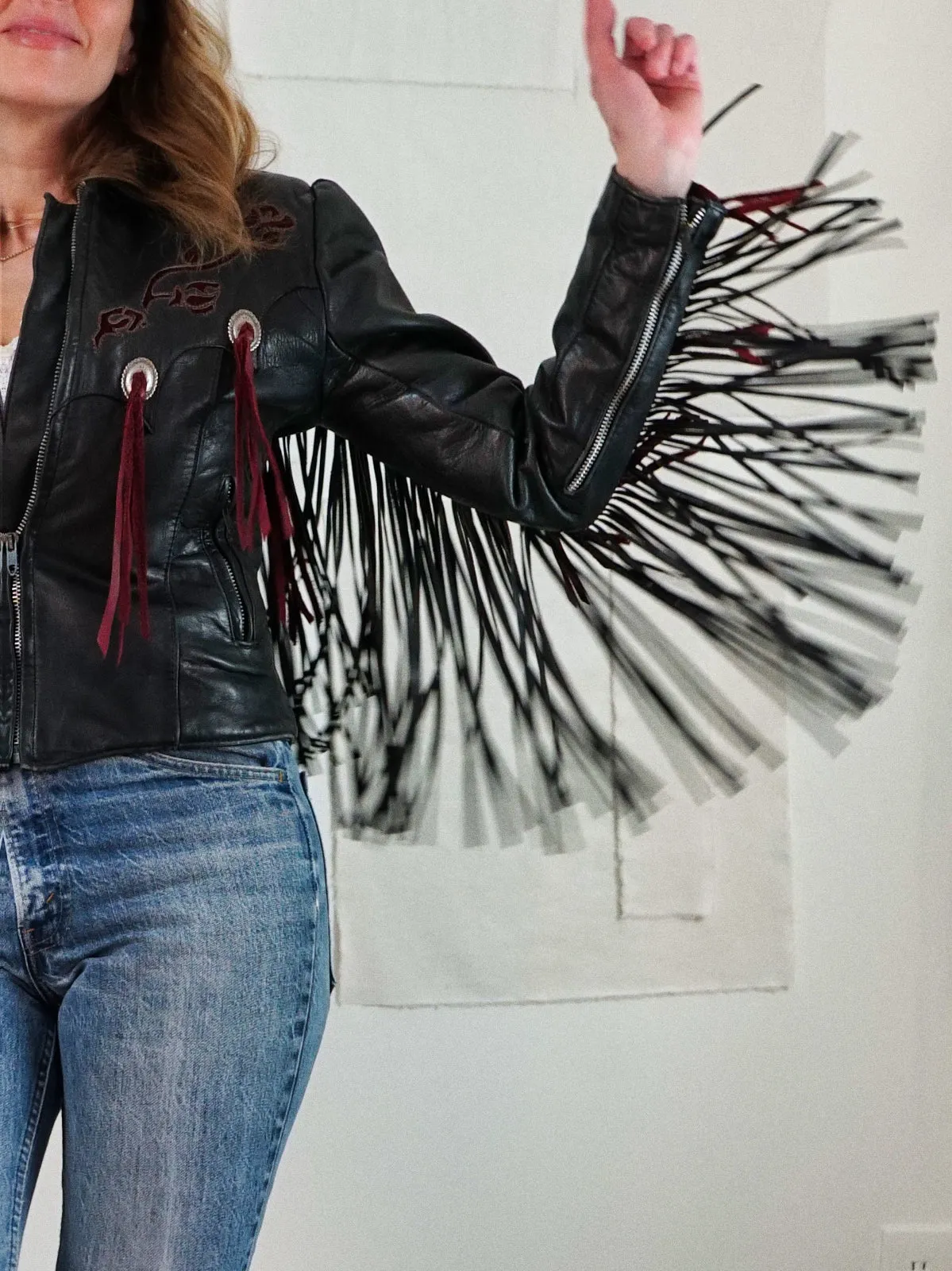 Vintage Black Leather Fringe Rose Jacket