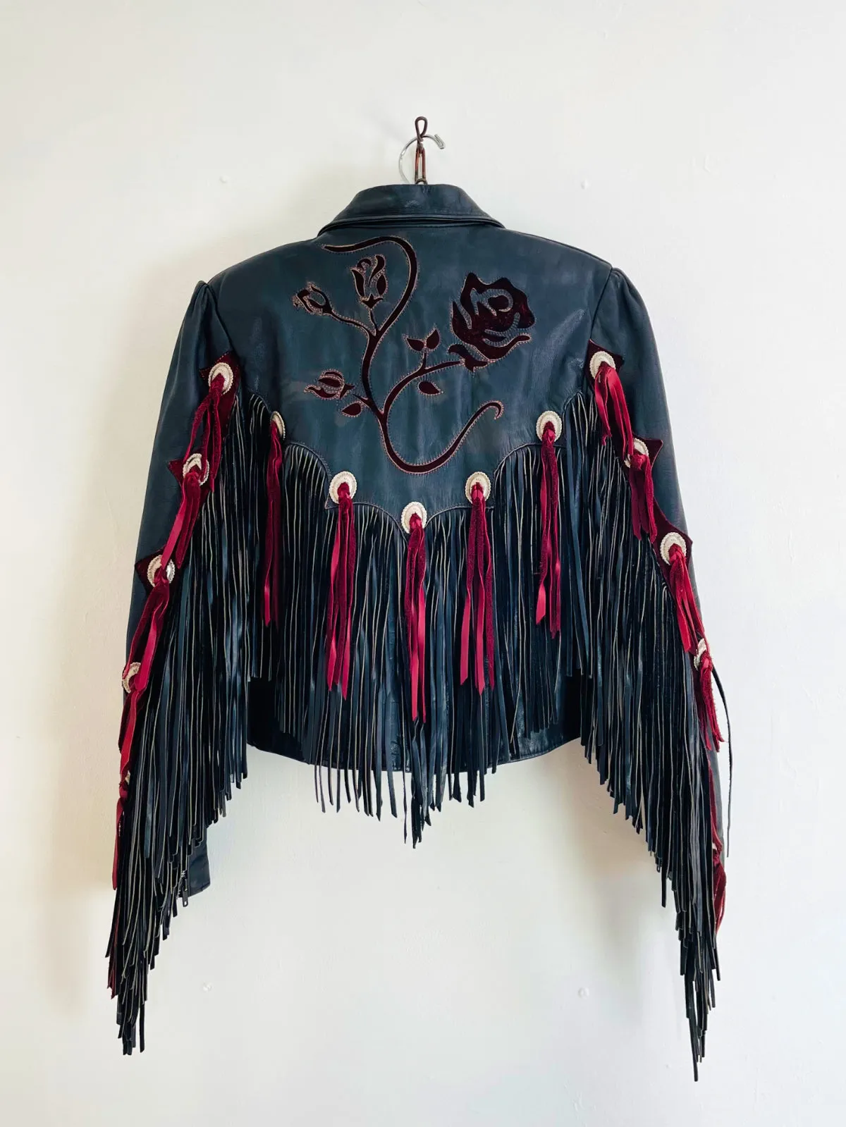 Vintage Black Leather Fringe Rose Jacket