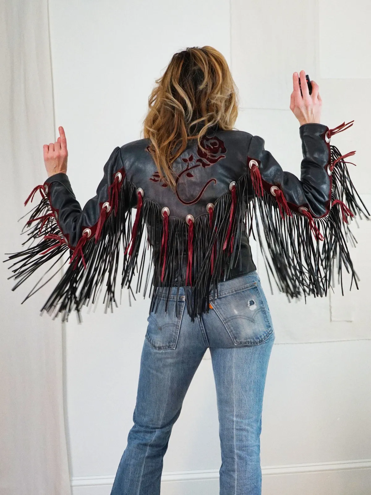 Vintage Black Leather Fringe Rose Jacket