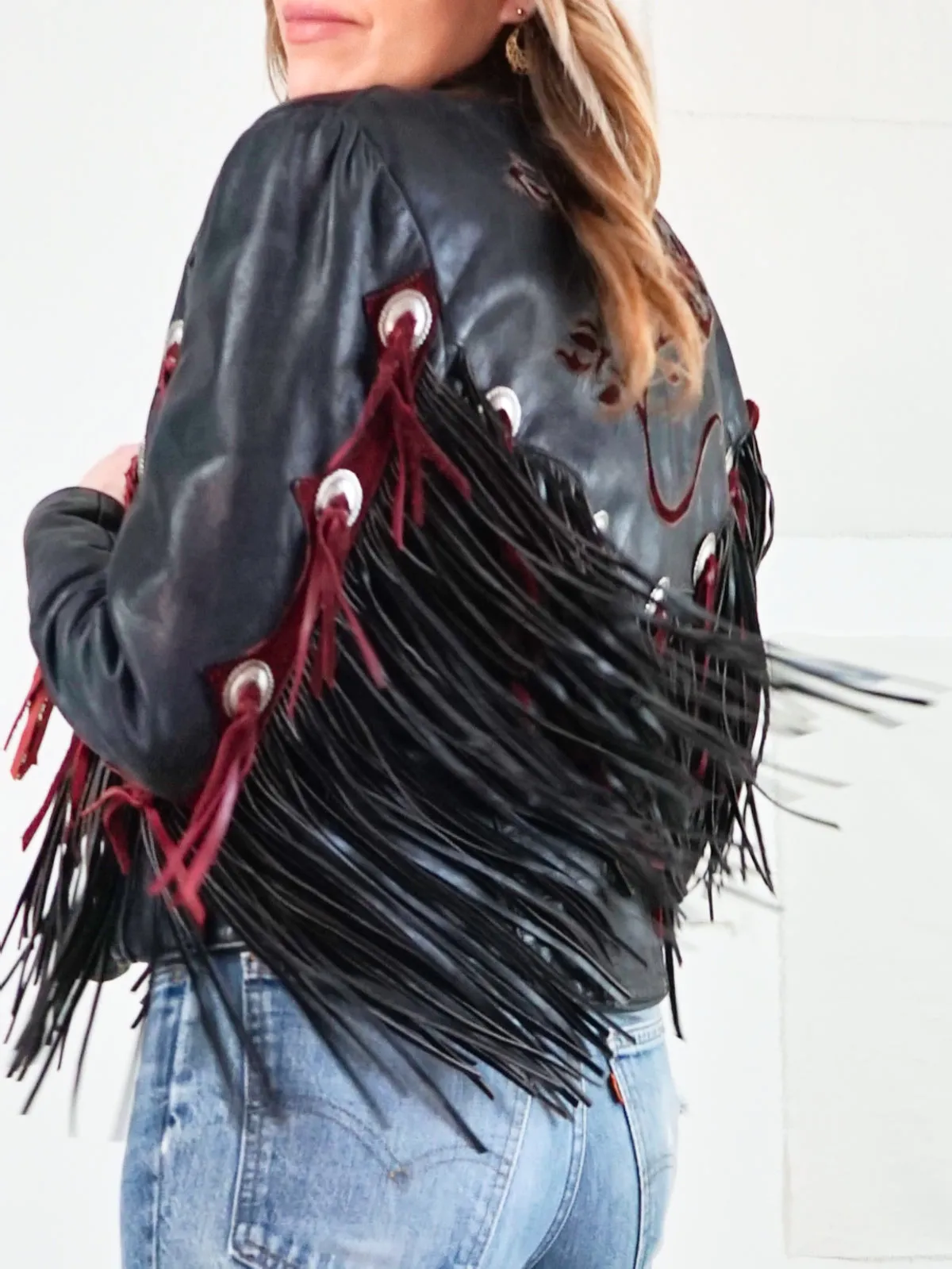 Vintage Black Leather Fringe Rose Jacket