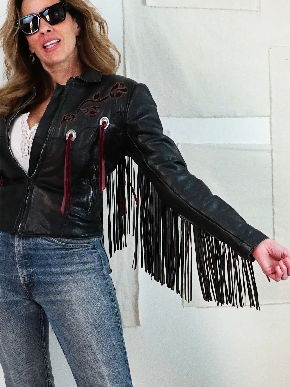 Vintage Black Leather Fringe Rose Jacket