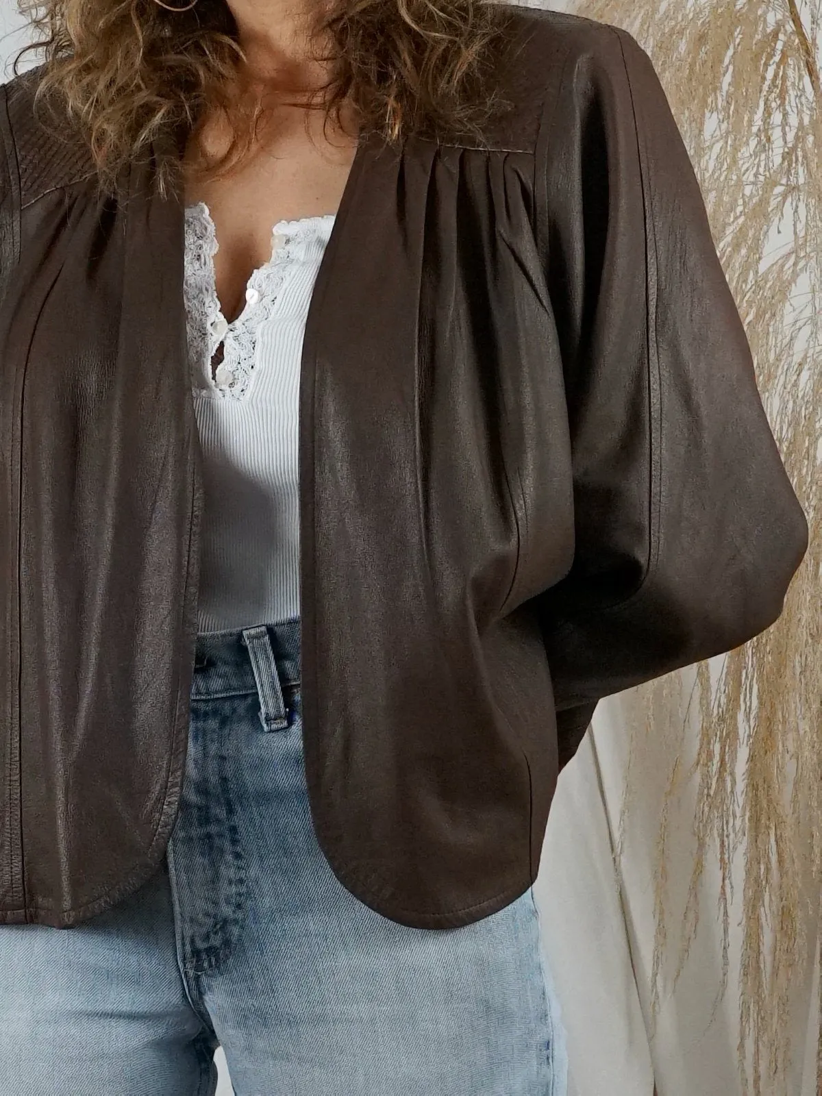 Vintage Carob Pleated Leather Jacket