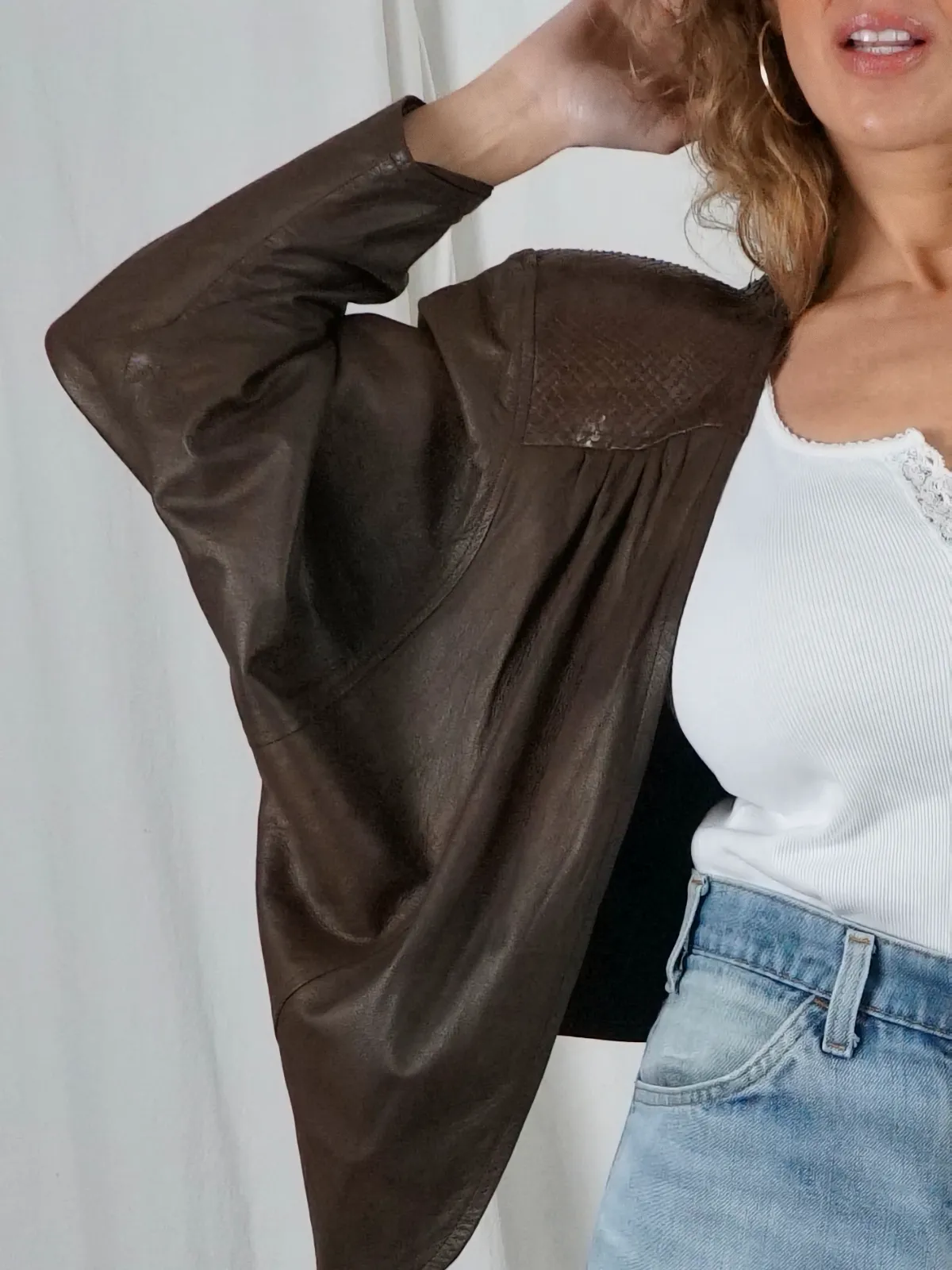 Vintage Carob Pleated Leather Jacket