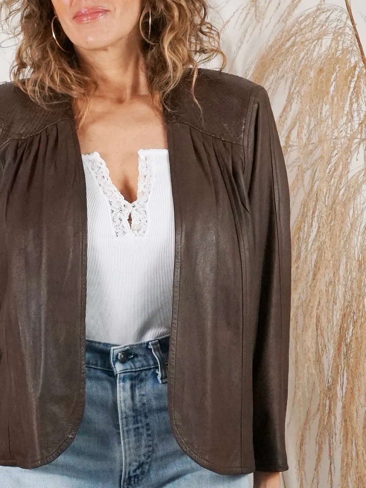 Vintage Carob Pleated Leather Jacket