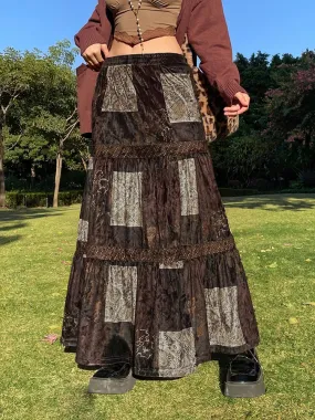 Vintage Y2K Brown Fairycore Grunge Patchwork Long Skirt Autumn Fashion Gothic Graphic Printed High Waist Skirt Female