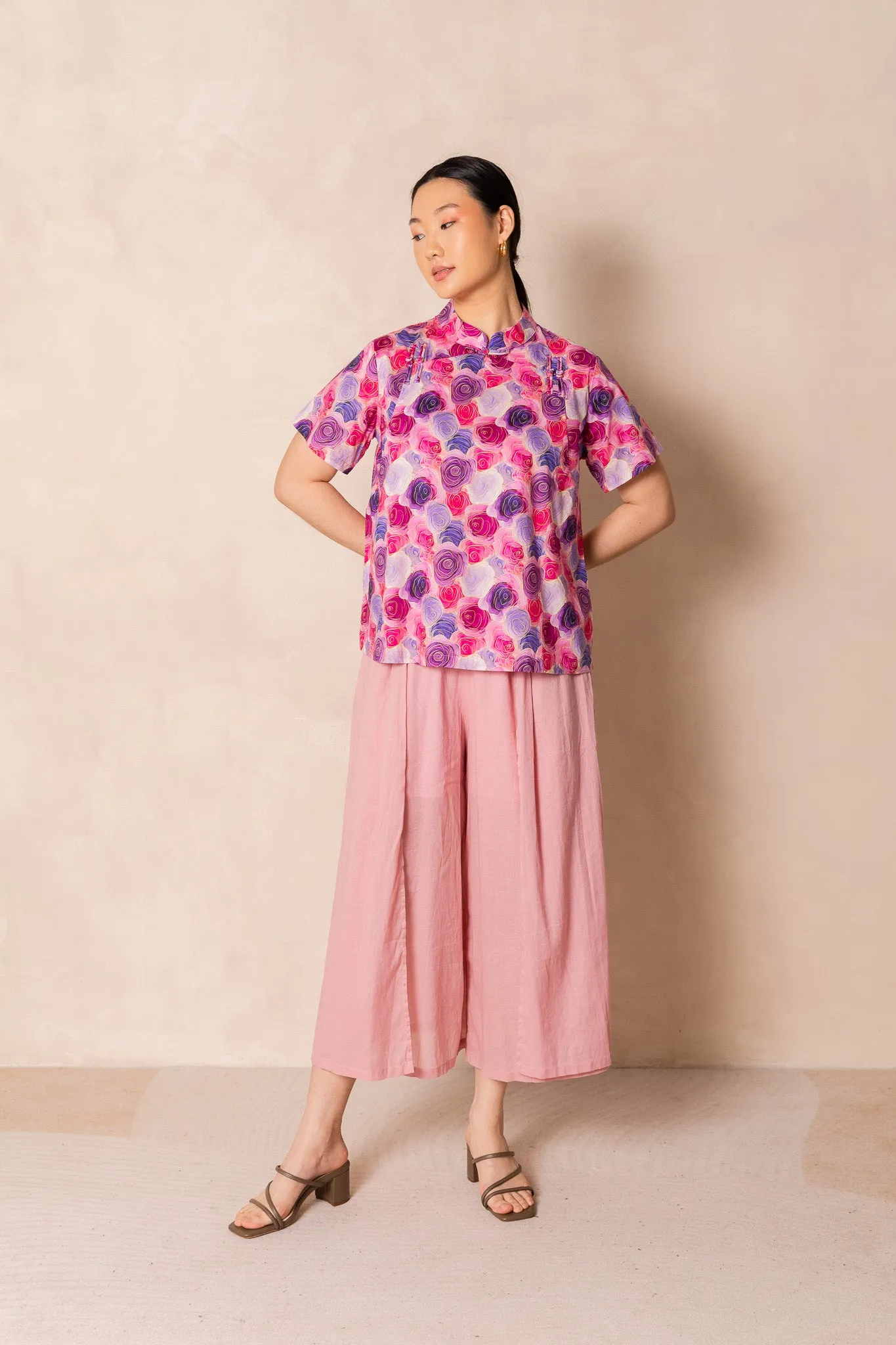 Water Colour Pink Rose Short Sleeve Cheongsam Top