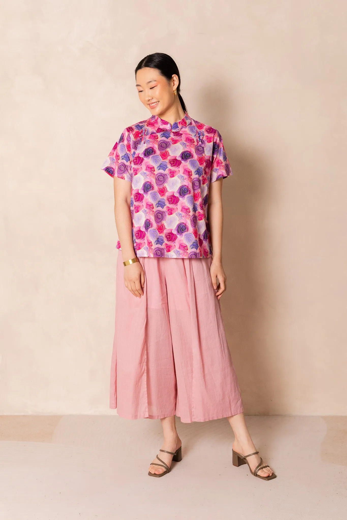 Water Colour Pink Rose Short Sleeve Cheongsam Top