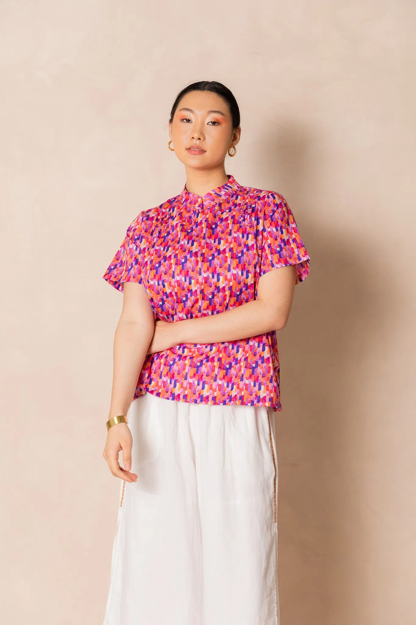 Water Colour Raindrop Print Short Sleeve Cheongsam Top