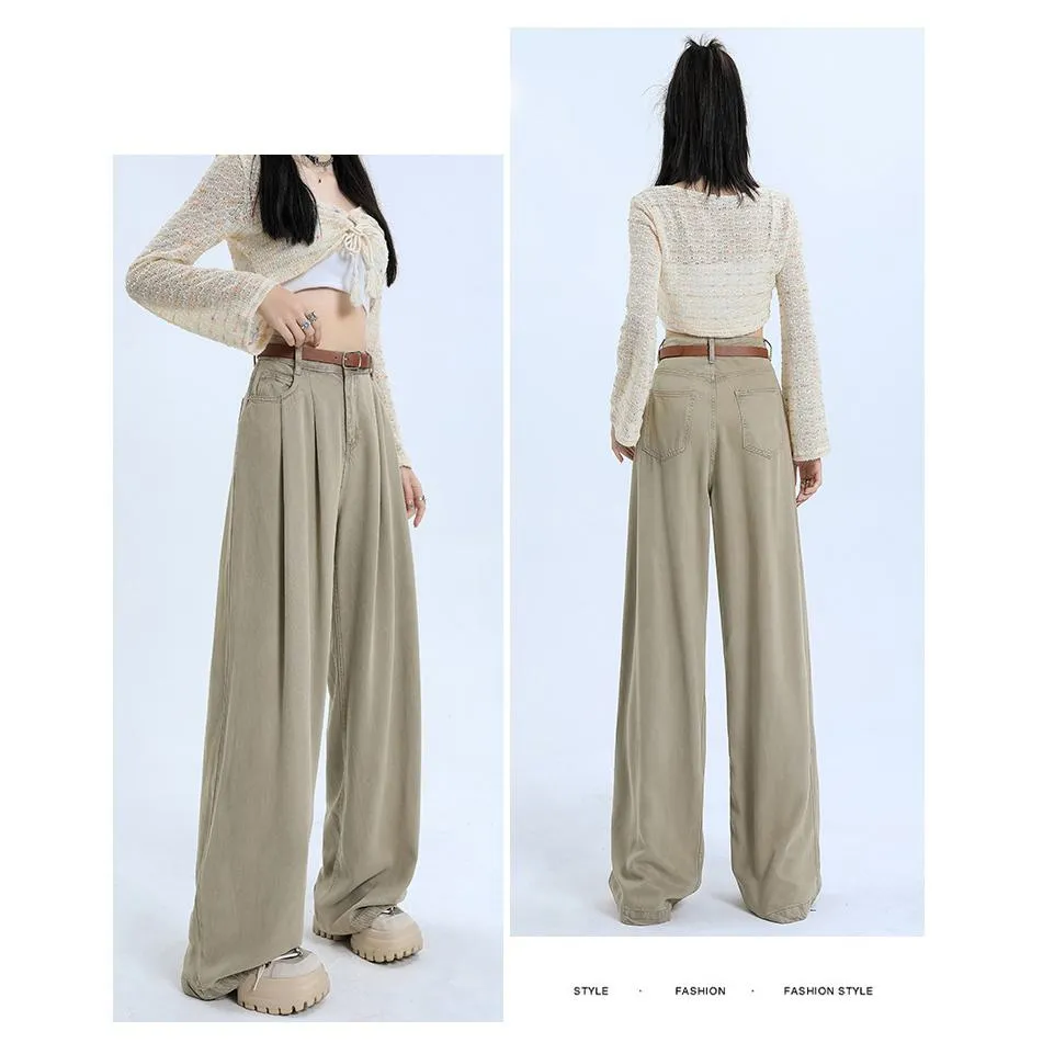 Wide Leg Loose Fit Draping Slimming Pleated Floor-Length High-Waisted Jeans