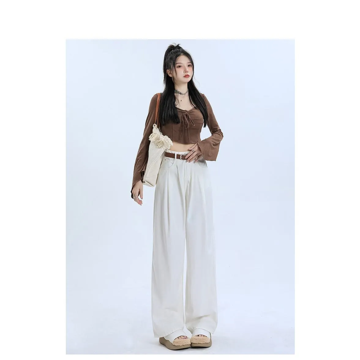 Wide Leg Loose Fit Draping Slimming Pleated Floor-Length High-Waisted Jeans