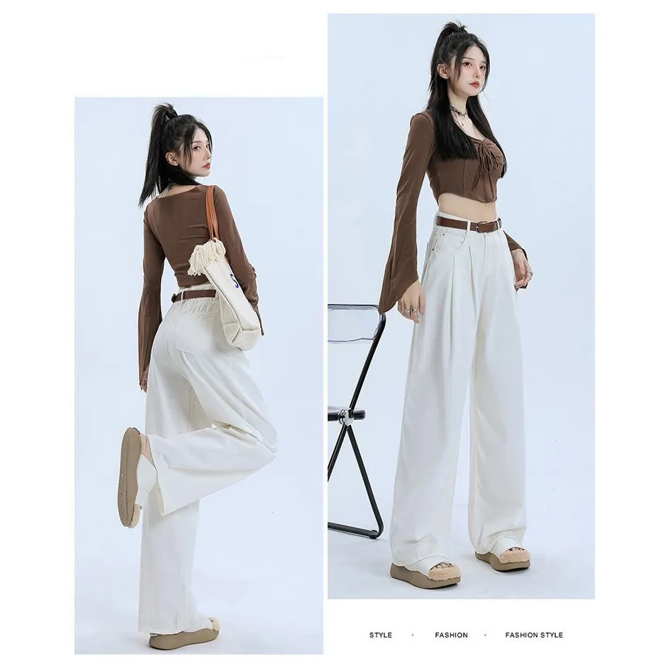 Wide Leg Loose Fit Draping Slimming Pleated Floor-Length High-Waisted Jeans