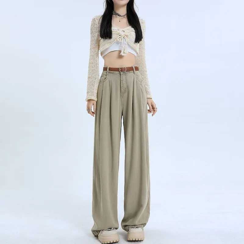 Wide Leg Loose Fit Draping Slimming Pleated Floor-Length High-Waisted Jeans