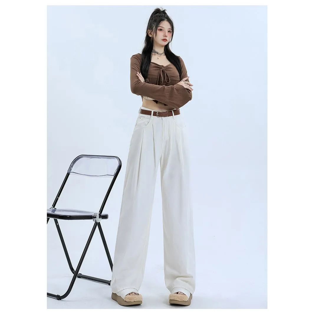 Wide Leg Loose Fit Draping Slimming Pleated Floor-Length High-Waisted Jeans