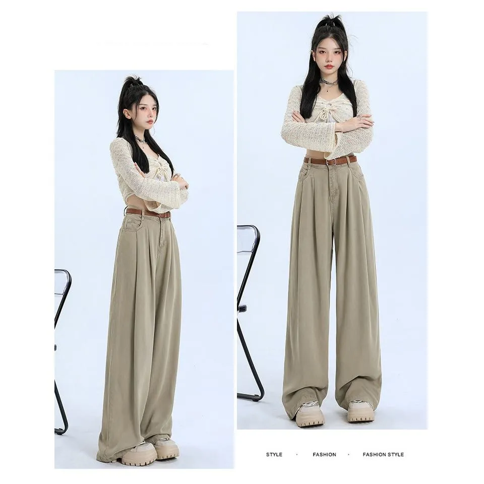 Wide Leg Loose Fit Draping Slimming Pleated Floor-Length High-Waisted Jeans