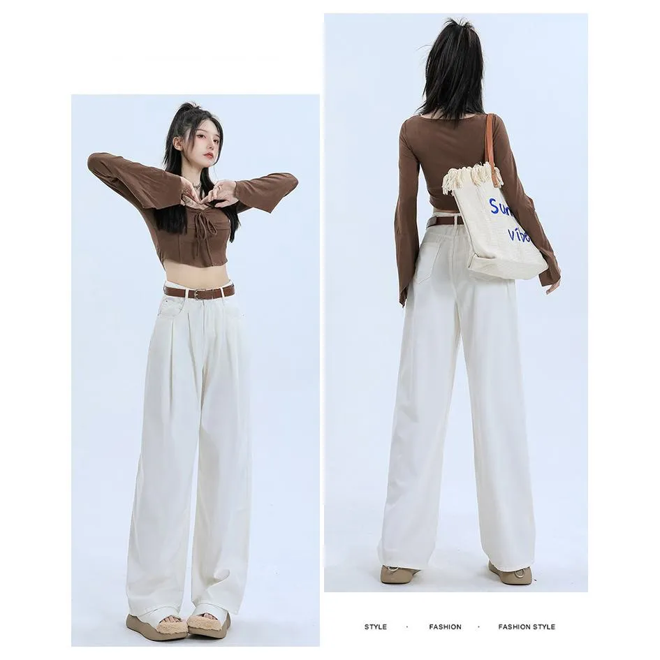 Wide Leg Loose Fit Draping Slimming Pleated Floor-Length High-Waisted Jeans