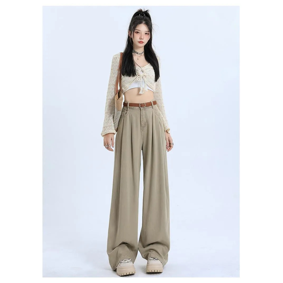 Wide Leg Loose Fit Draping Slimming Pleated Floor-Length High-Waisted Jeans