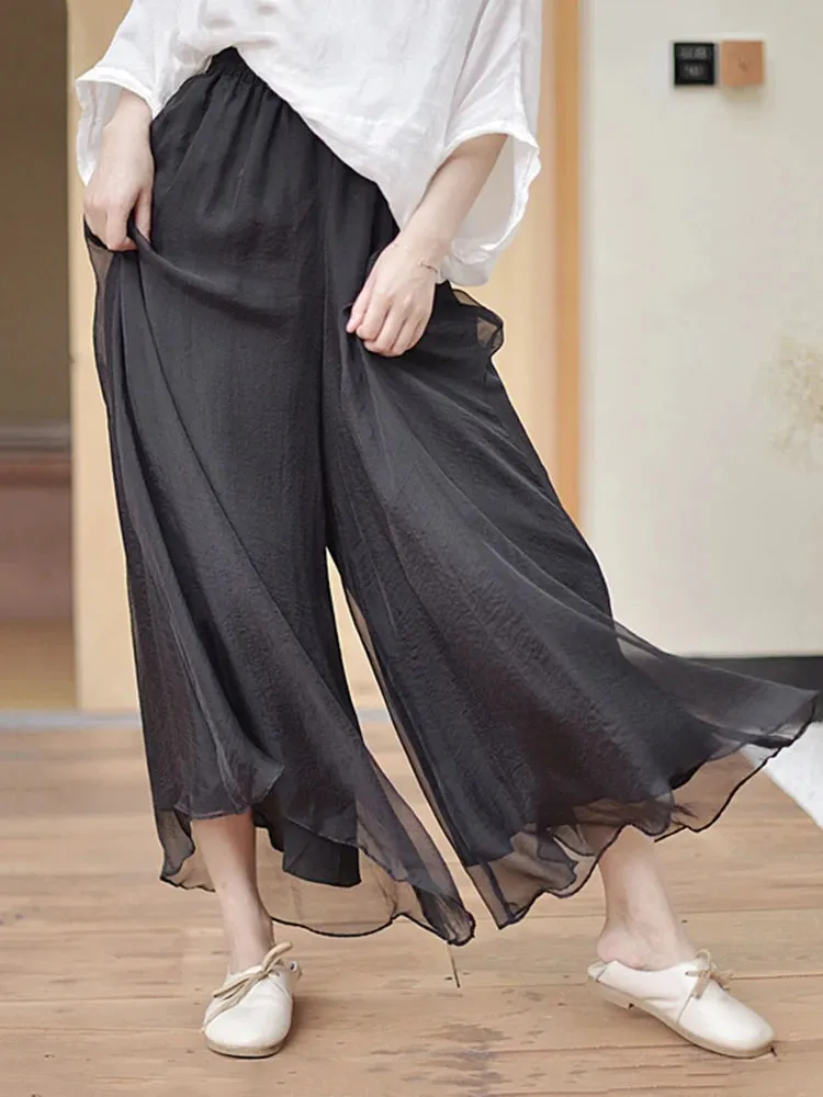 Women Elegant Solid Cotton Pants Korean Summer Retro High Waist Two Layer Wide Leg Pant Long Boho Trousers Female C- 071