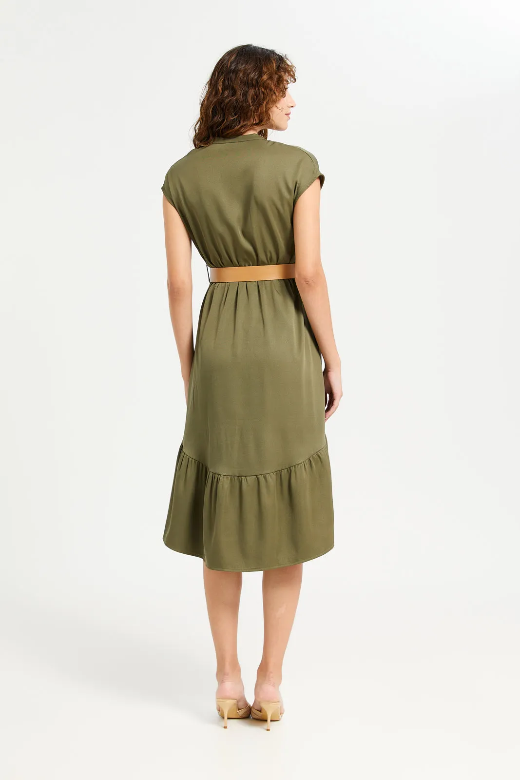 Women Green Plain Wrap Belted Dress