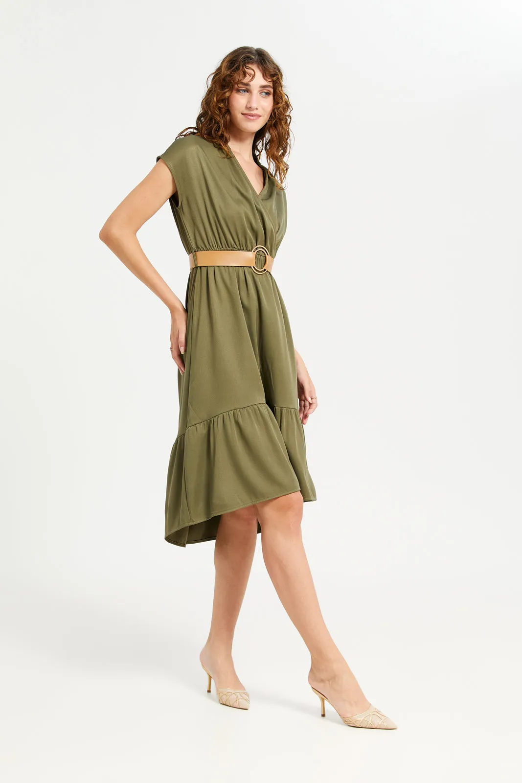 Women Green Plain Wrap Belted Dress