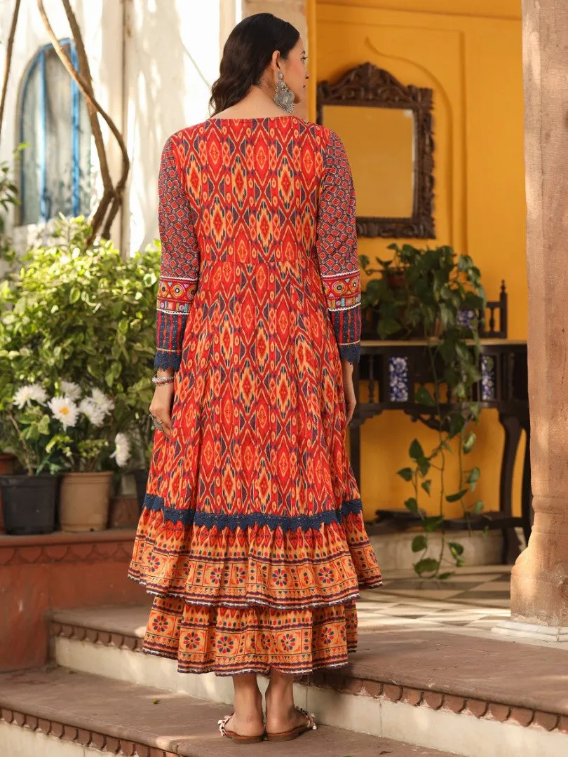 Women Ikat Printed & Embroidered Rust Cotton Voile Layered Maxi Dress