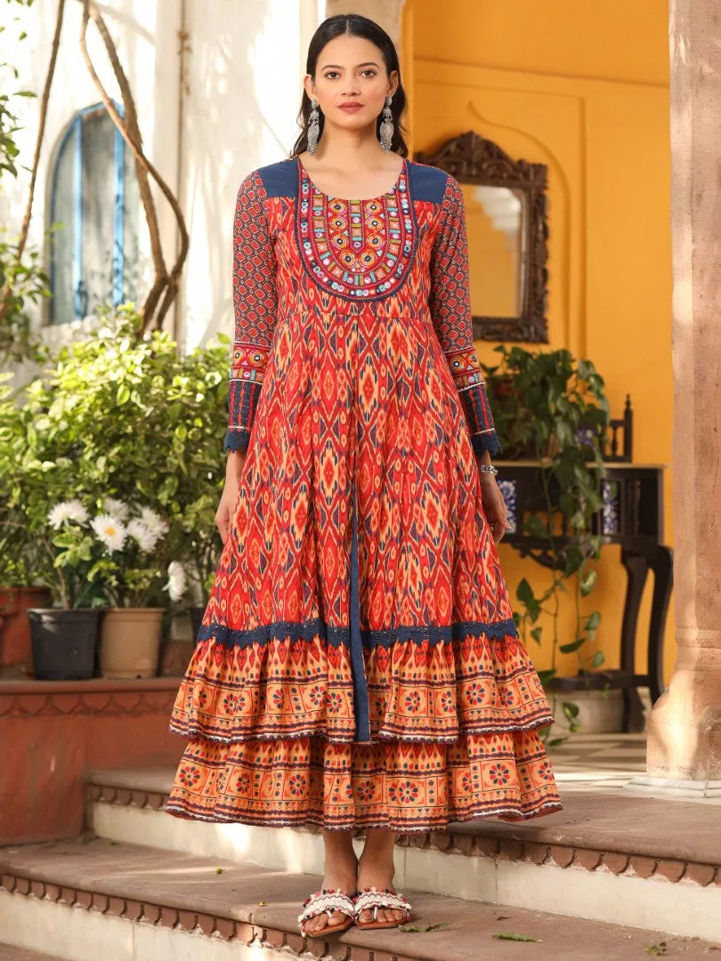 Women Ikat Printed & Embroidered Rust Cotton Voile Layered Maxi Dress