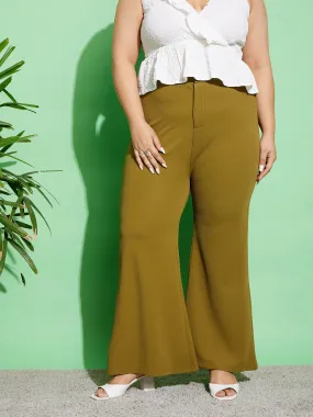 Women Olive Front Button Bell Bottom Pants