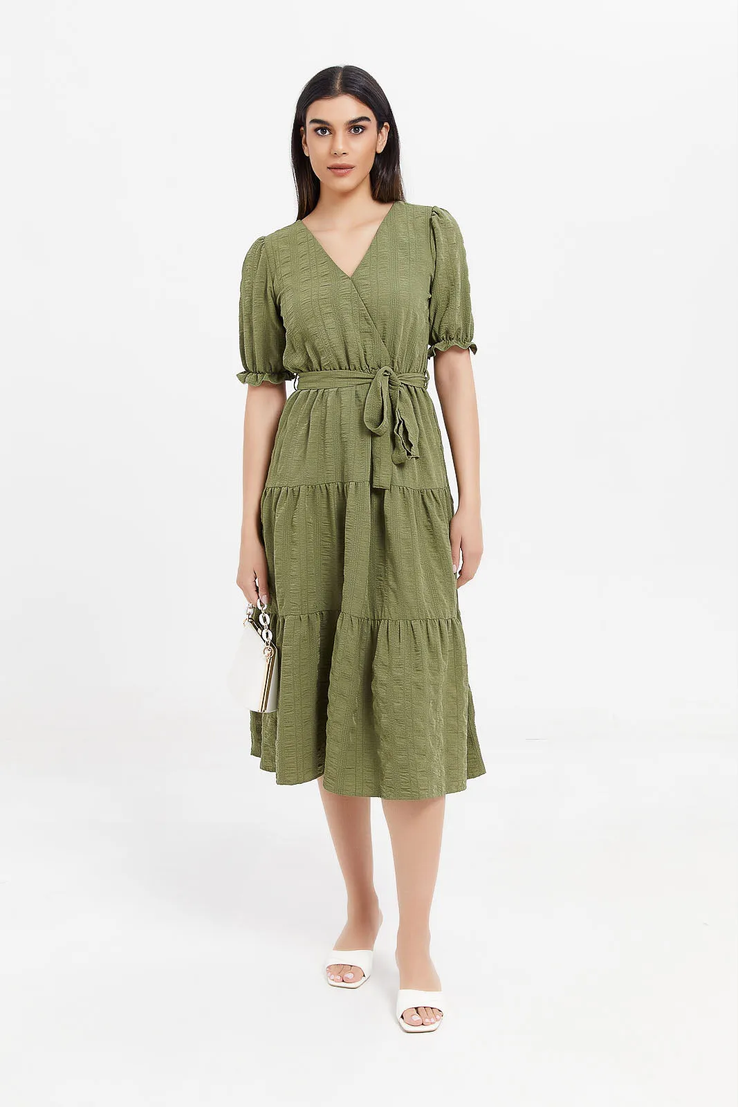 Women Olive Textured Wrap Dress