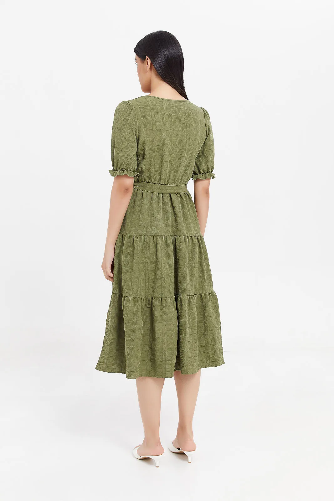 Women Olive Textured Wrap Dress