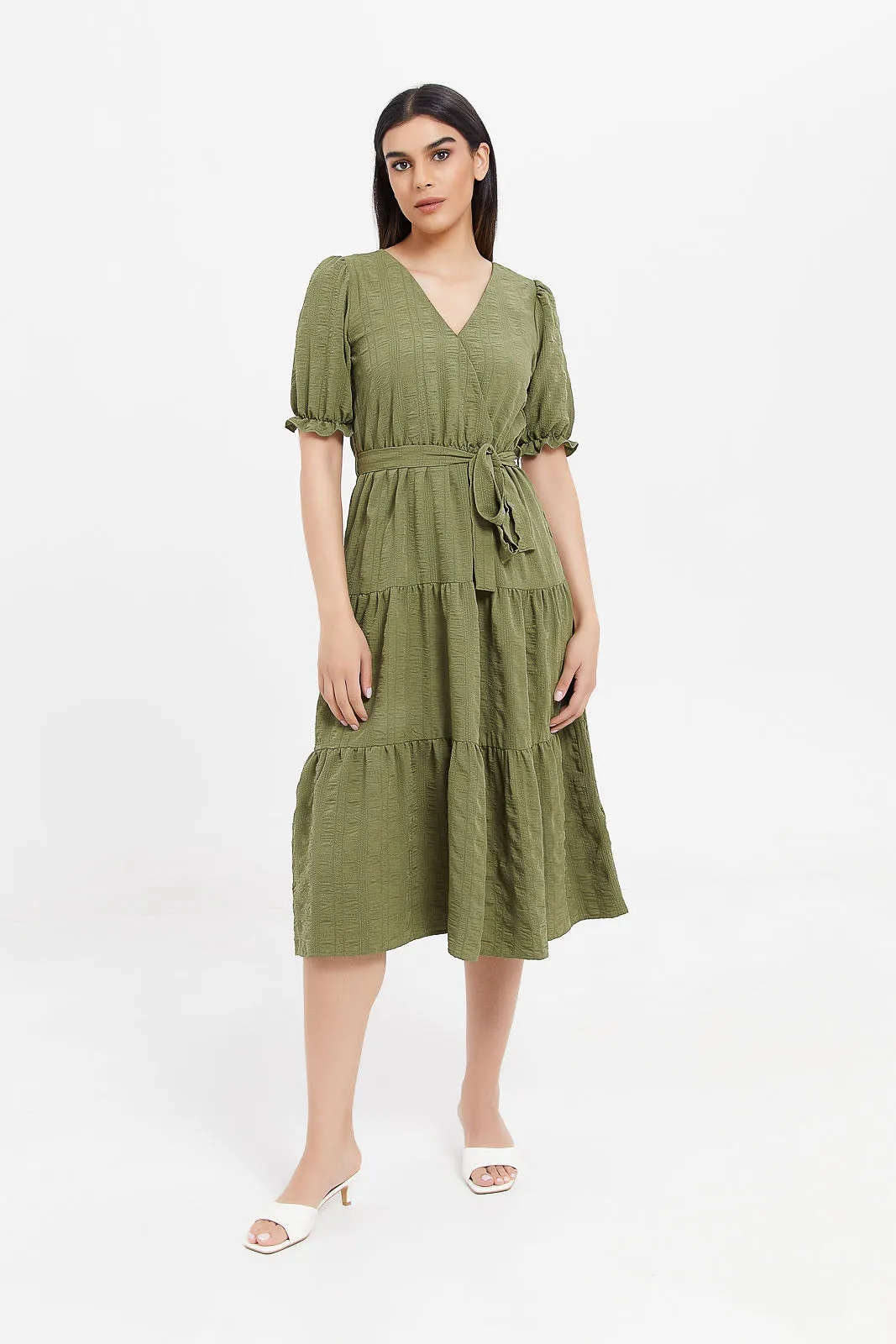 Women Olive Textured Wrap Dress