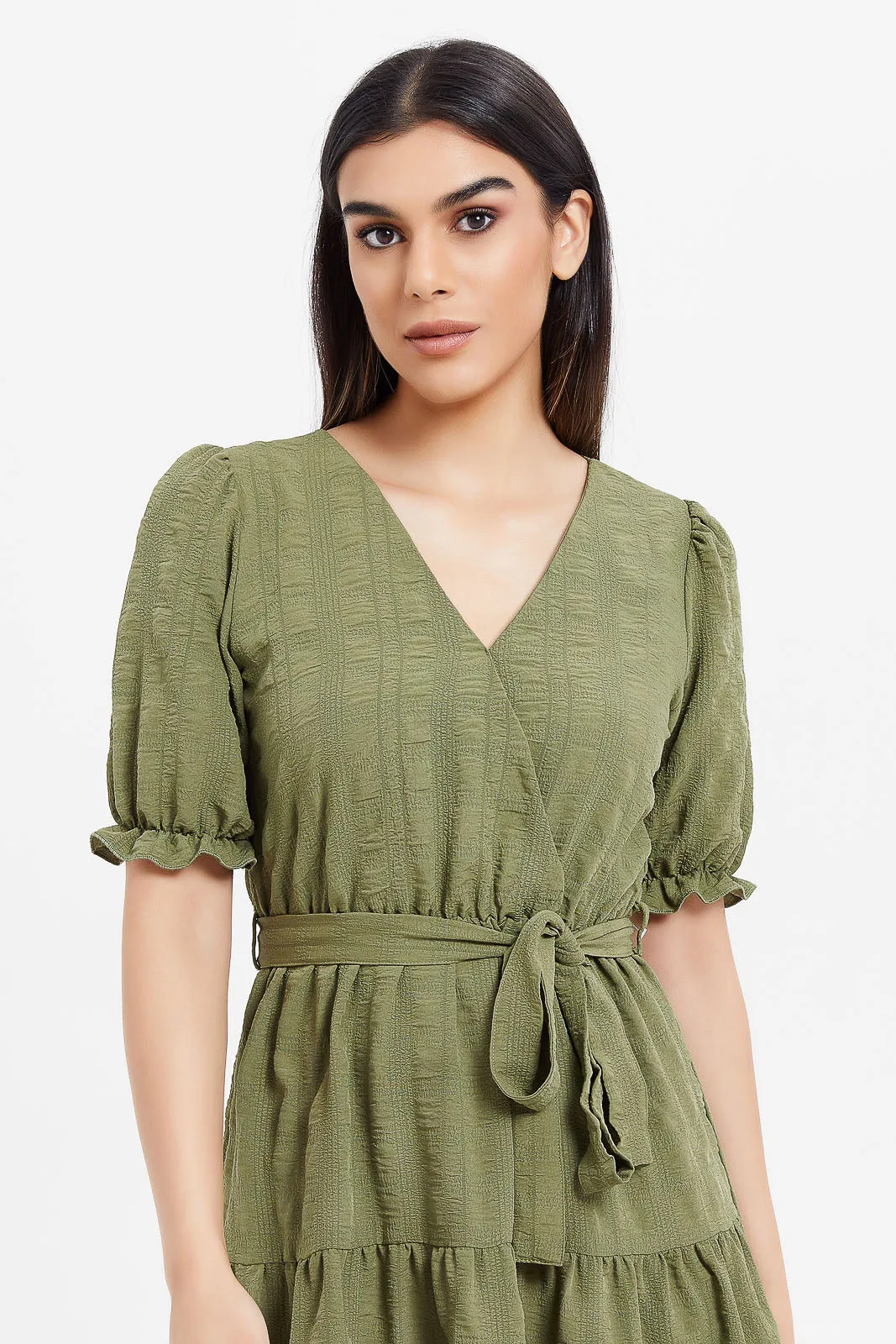 Women Olive Textured Wrap Dress