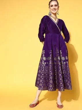 Women Purple Foil Print Wrap Anarkali Dress