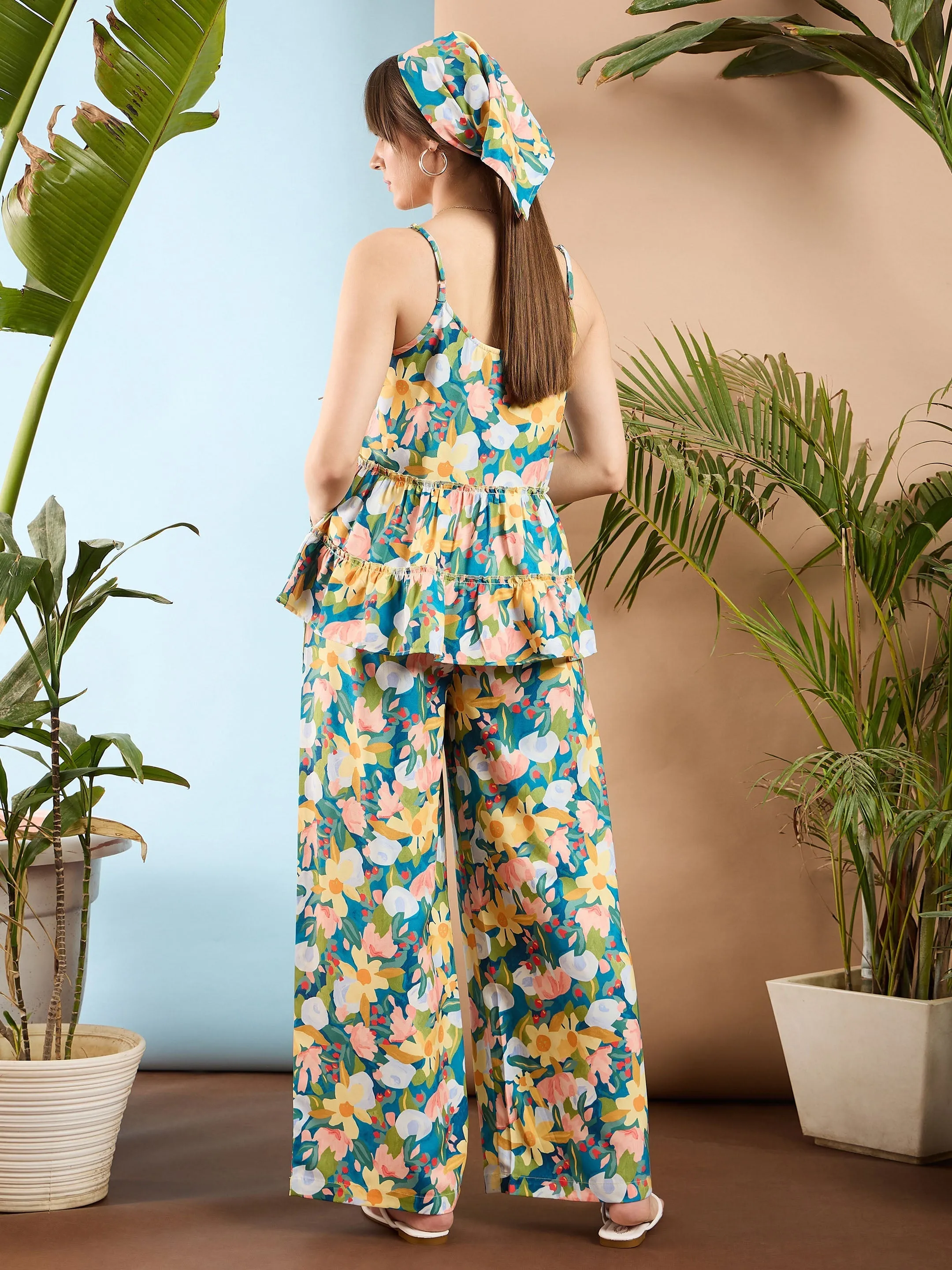 Women Sea Green Floral Strappy Top With Palazzo Pants