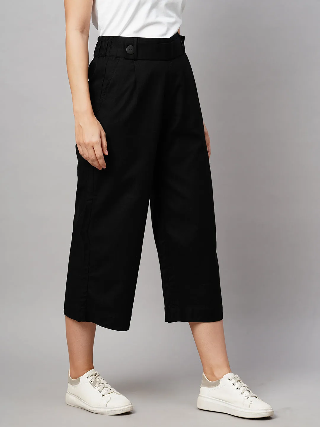 Women's Black Linen Regular Fit Culotte