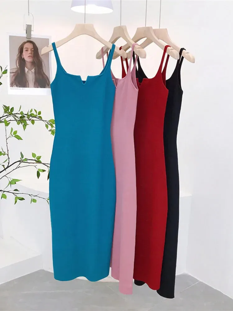 Women's Elegant Bodycon Dress Party Evening Red Wedding Knitting Midi Dress Spaghetti Strap Long Dresses Black Blue C-090