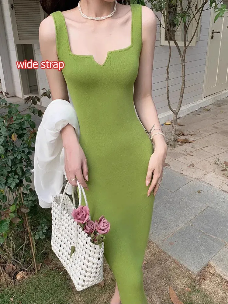 Women's Elegant Bodycon Dress Party Evening Red Wedding Knitting Midi Dress Spaghetti Strap Long Dresses Black Blue C-090