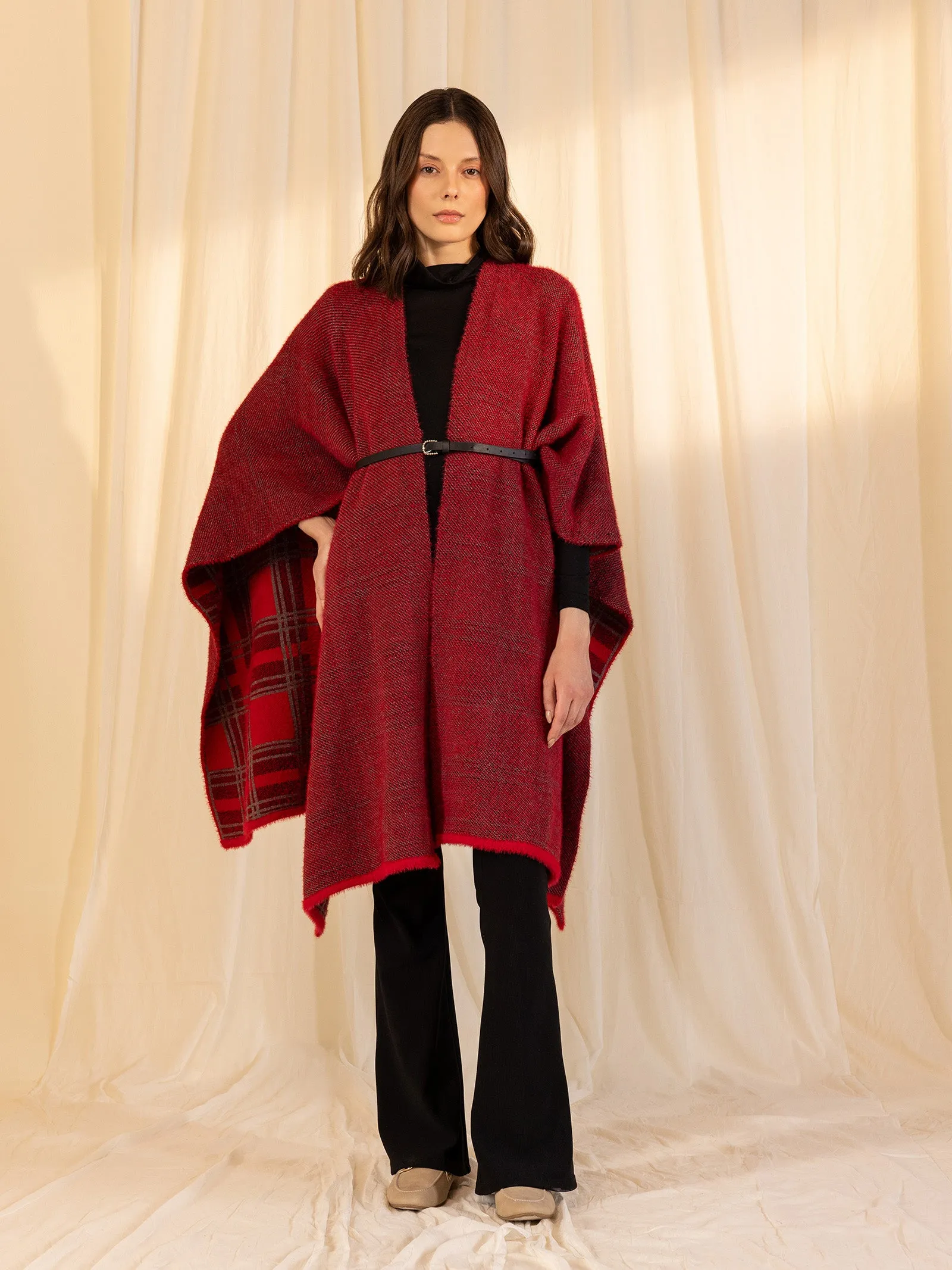 Woolen Reversible Check Cape Crimson