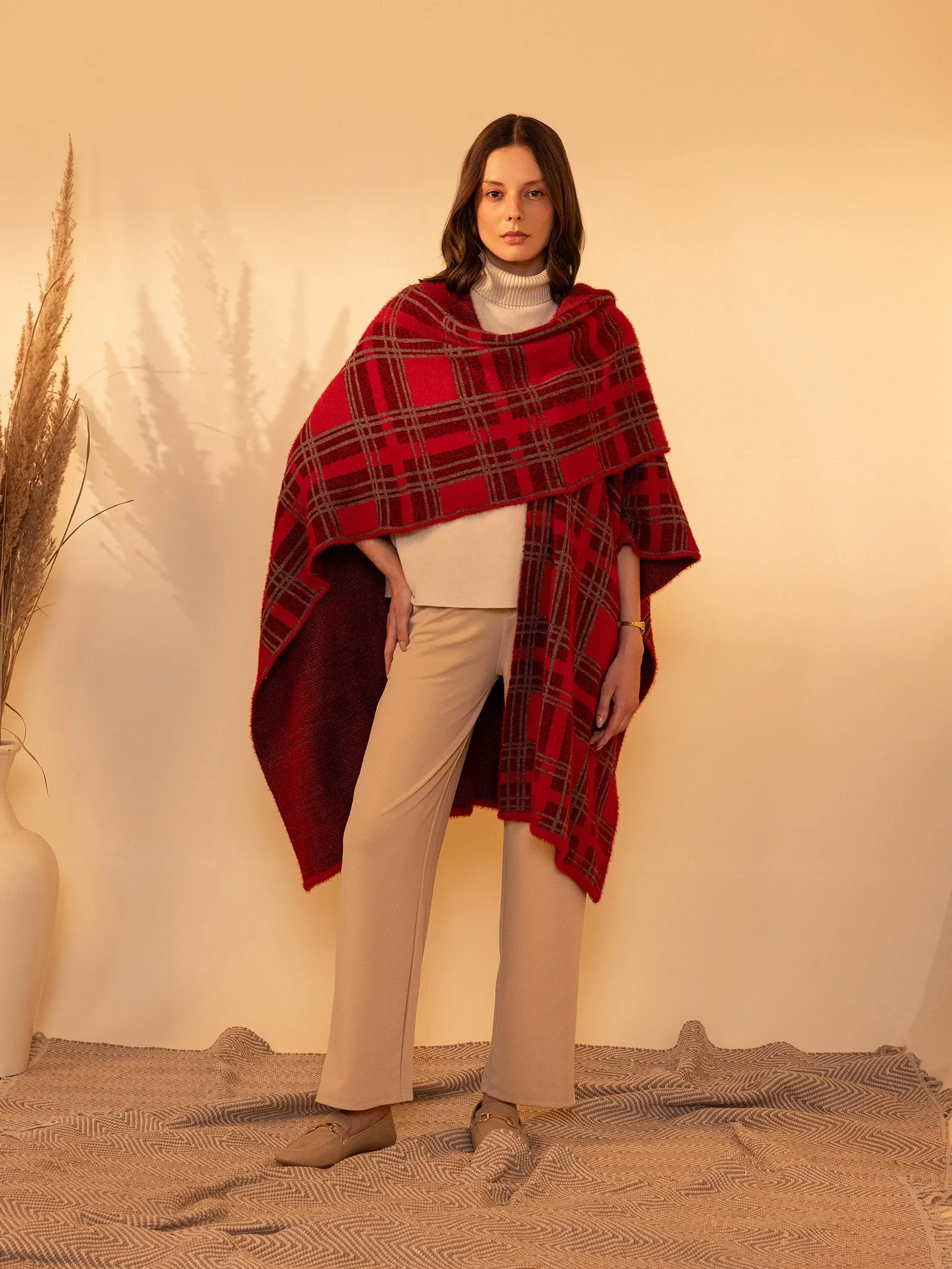 Woolen Reversible Check Cape Crimson