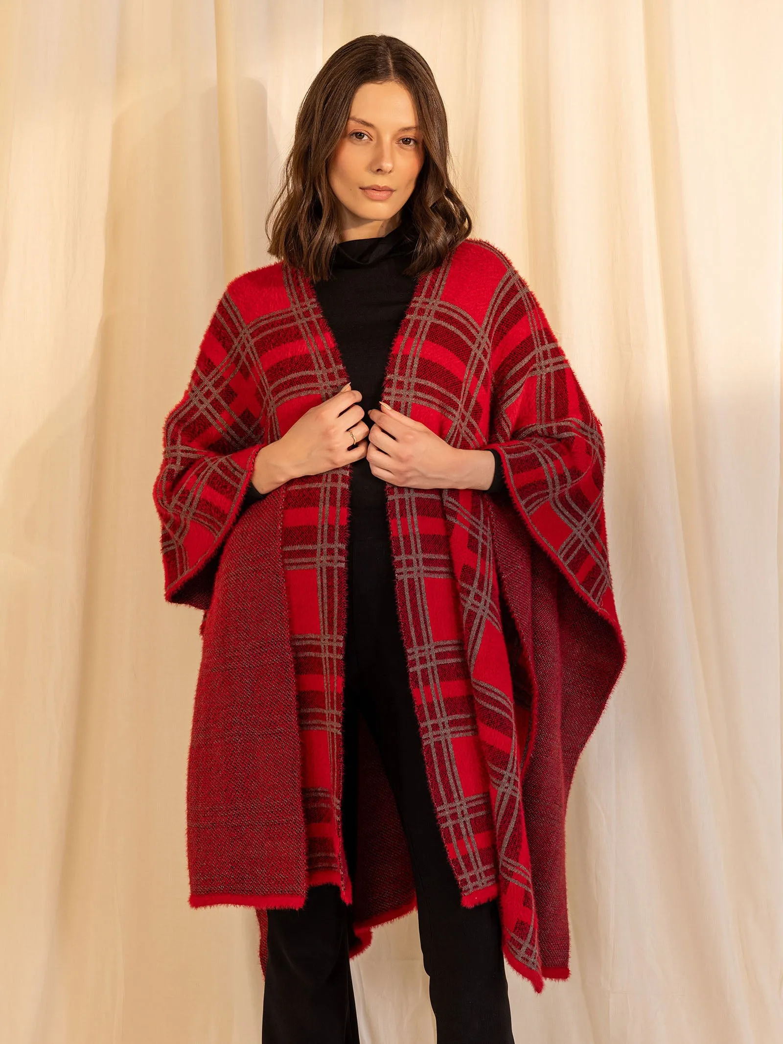 Woolen Reversible Check Cape Crimson