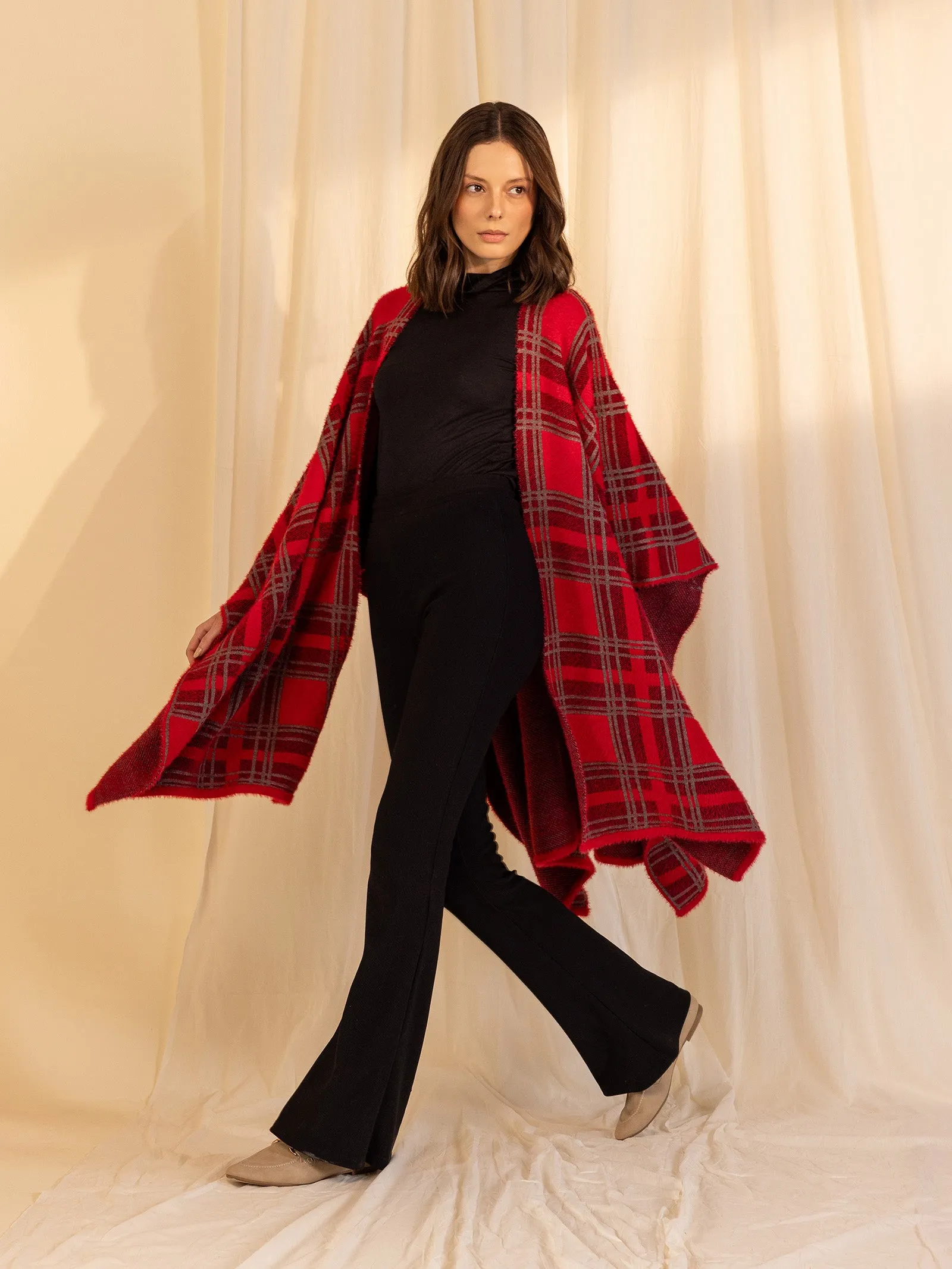 Woolen Reversible Check Cape Crimson