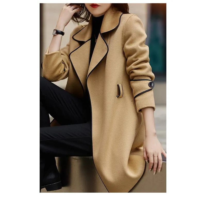 Woolen Slimming Tie-Up Chic Loose Fit Patchwork Wrap Coat