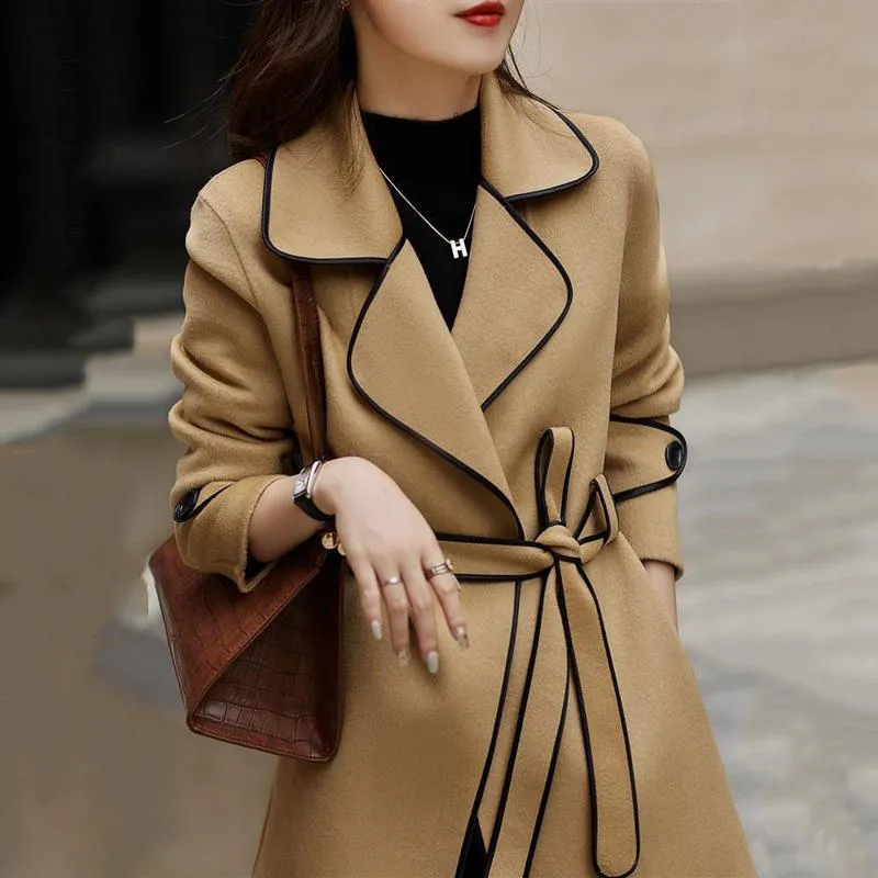 Woolen Slimming Tie-Up Chic Loose Fit Patchwork Wrap Coat