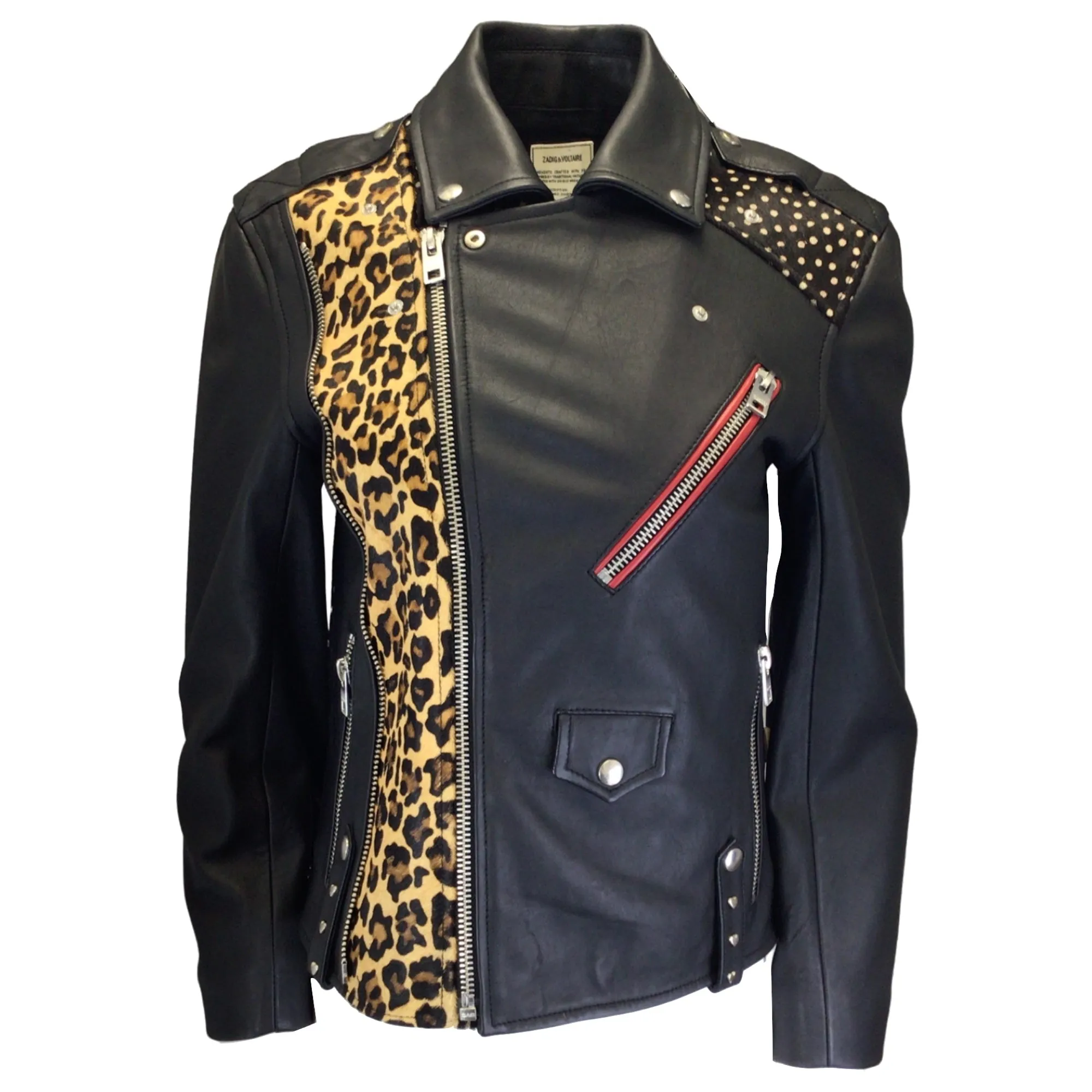 Zadig & Voltaire Black Multi Liya Leopard Patch Leather Biker Jacket